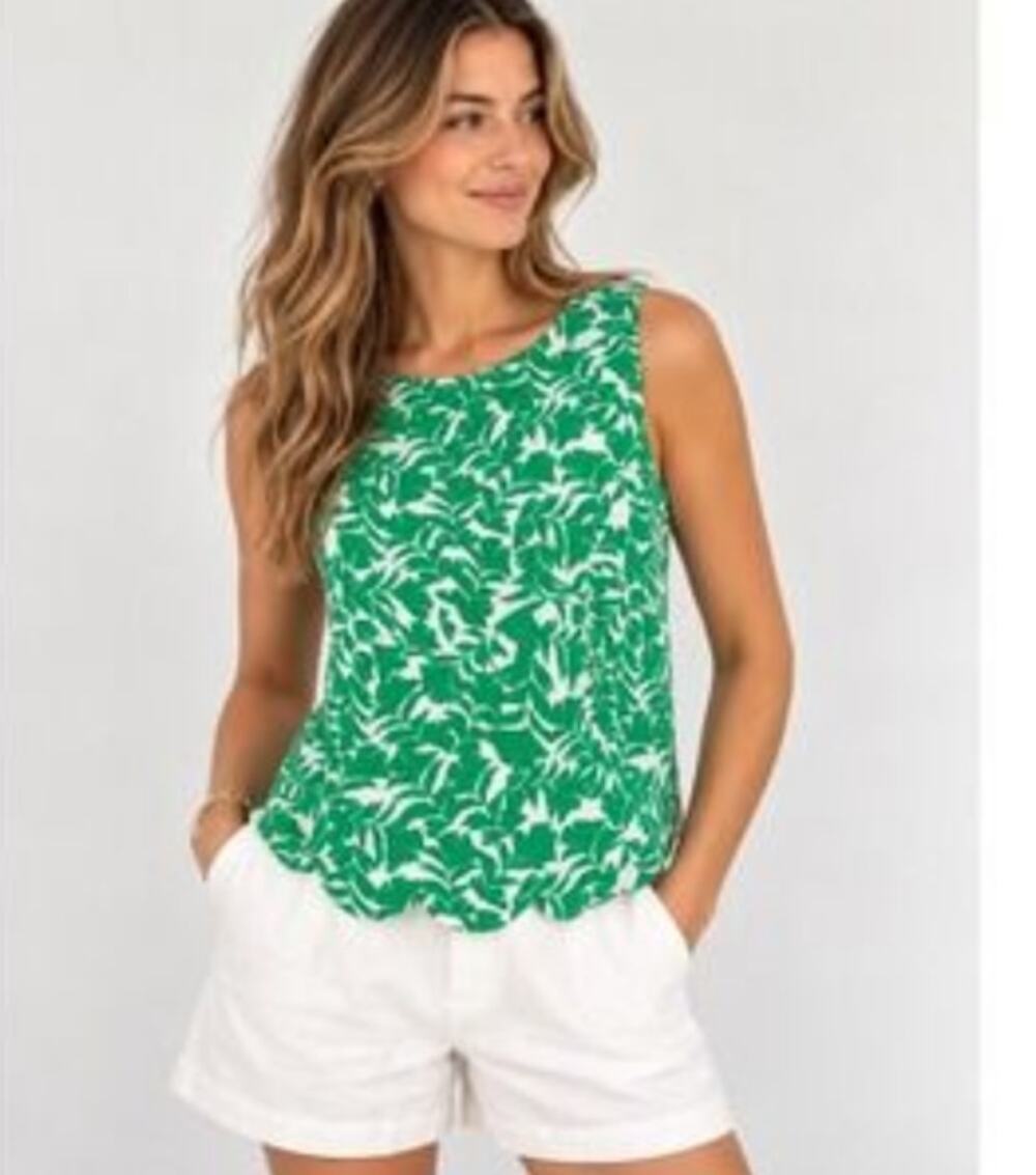 J. Crew Women's Size M Green Leaf Print Scalloped Hem Sleeveless Tank Top Blouse